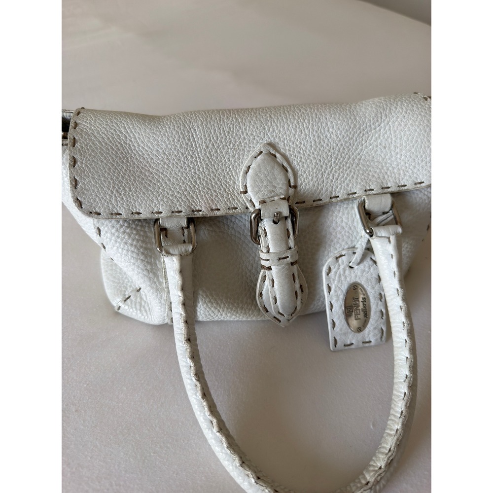 Fendi Selleria White Pebbled Leather Mini Handbag Sterling Silver Plaque Handbag - Picture 2 of 10